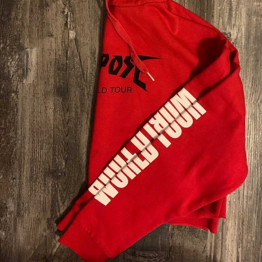 world tour x purpose red crop top hoodie